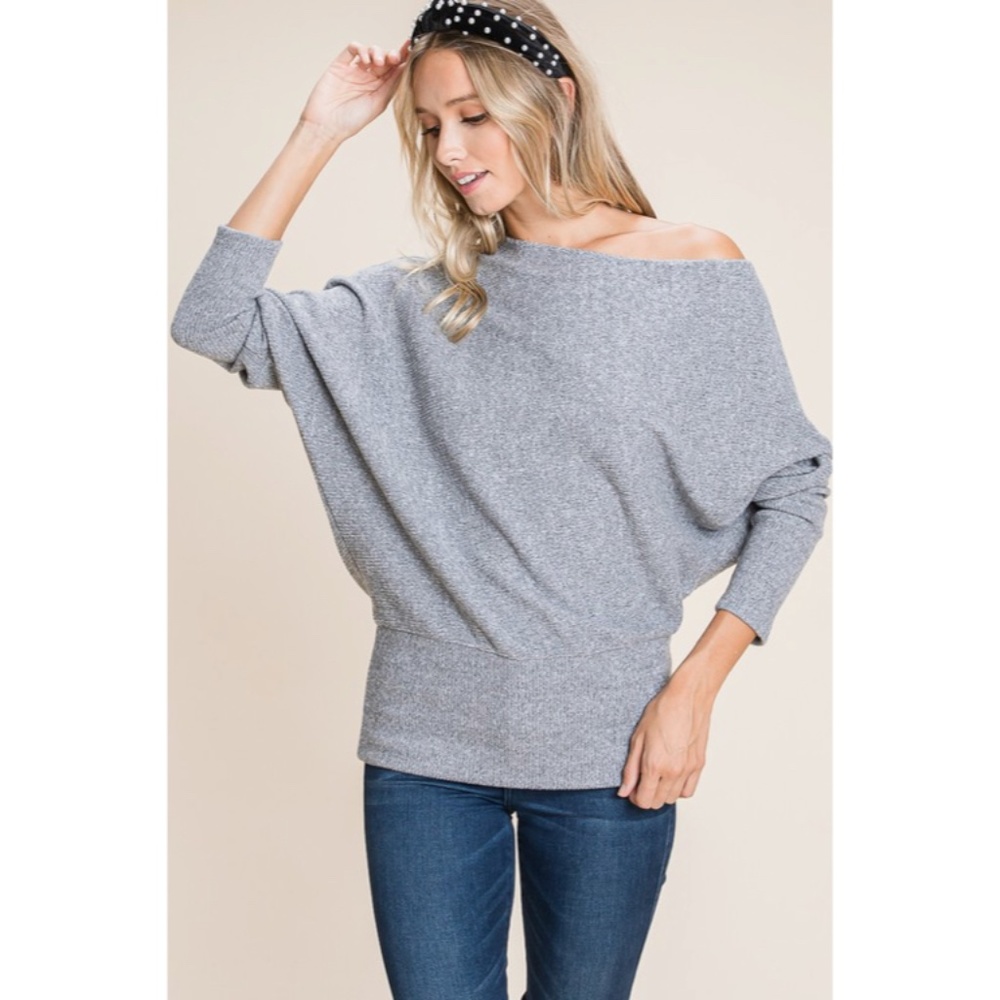 SOLD OUT Gray Solid Ribbed Off Shoulder Dolman Sweater - Picture 5 of 6